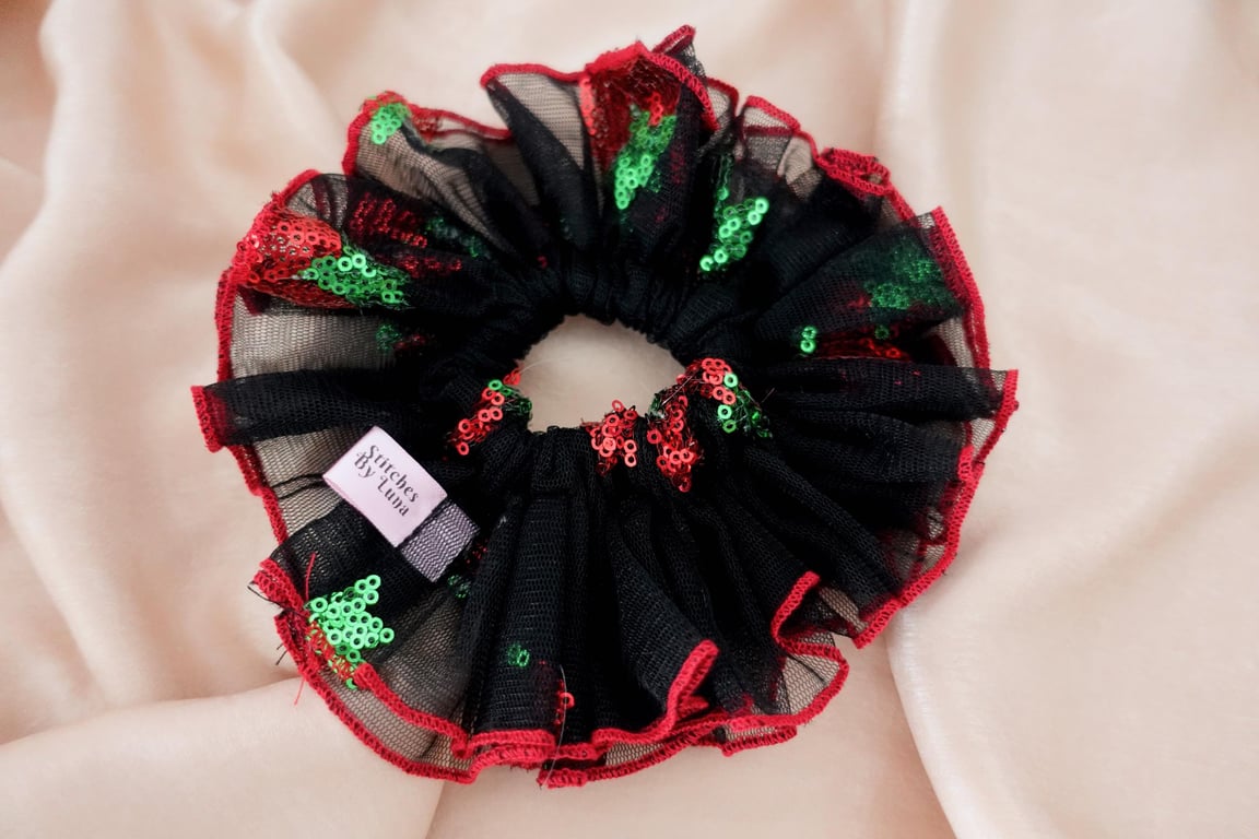 Black Tulle Net XL Scrunchies, Lacey Ruffle Frill Strawberry Sequin Scrunchies