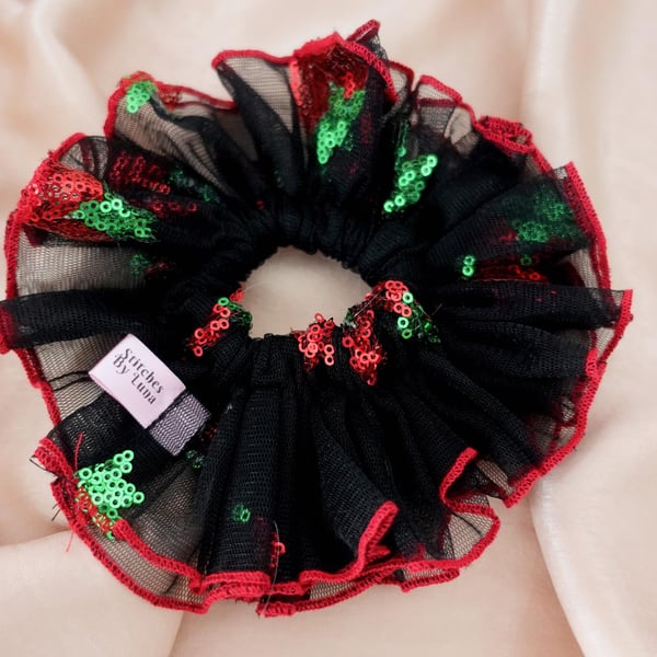 Black Tulle Net XL Scrunchies, Lacey Ruffle Frill Strawberry Sequin Scrunchies