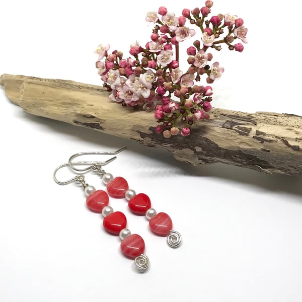 Heart Earrings, Red Hearts and White Pearls, Gift For Her 