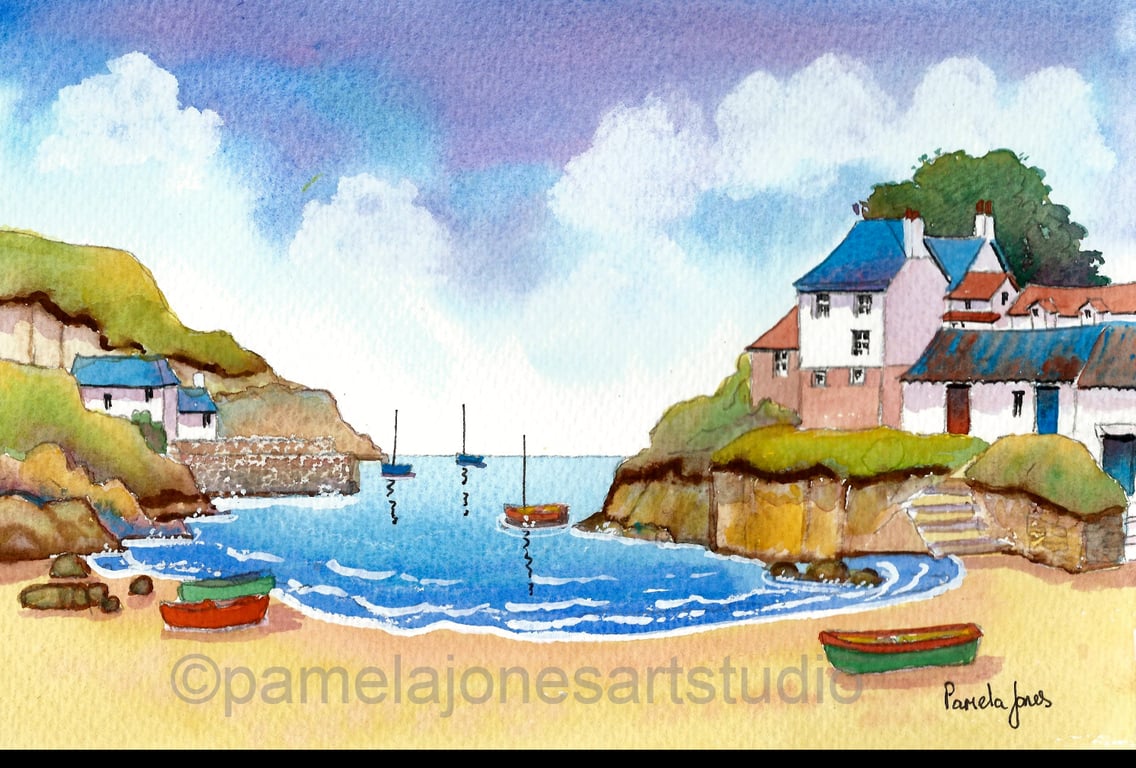 Port Isaac Beach,  Cornwall, Watercolour Print, in 8 x 6 '' Mount