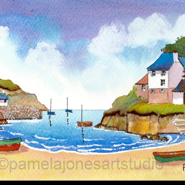 Port Isaac Beach,  Cornwall, Watercolour Print, in 8 x 6 '' Mount