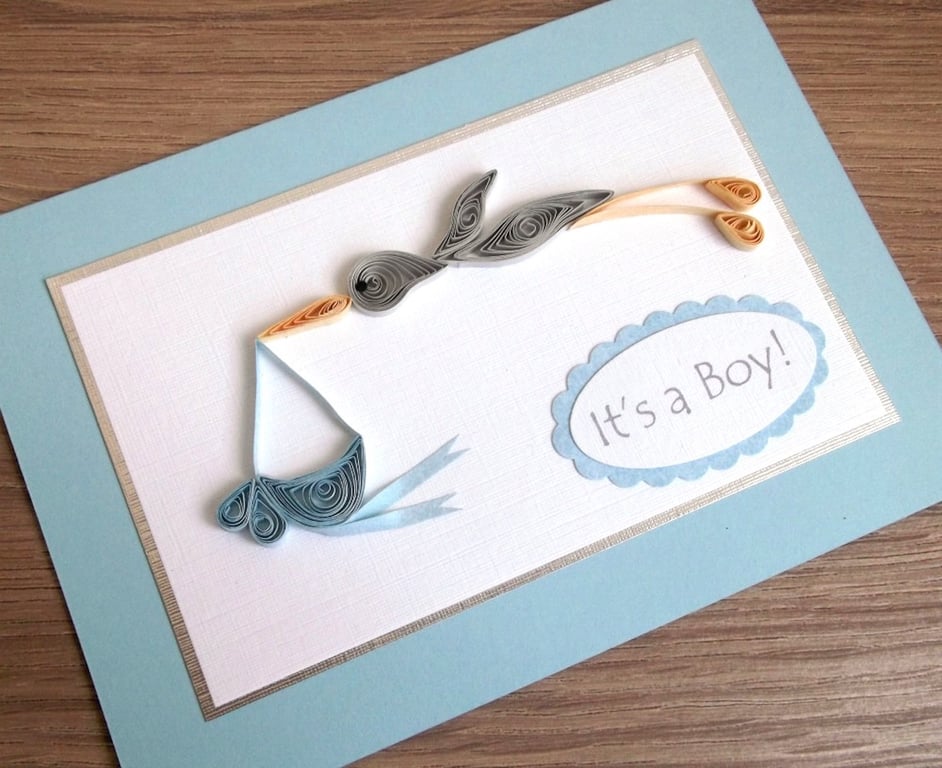 New baby boy birth congratulations card handmade with quilled stork and bundle