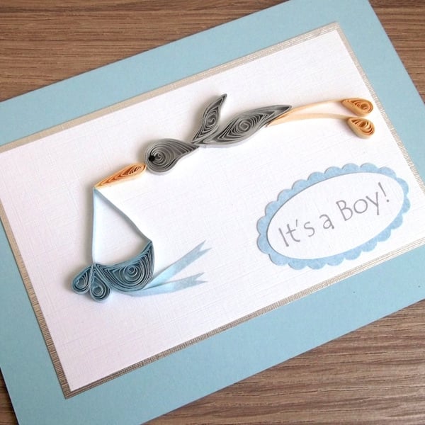 New baby boy birth congratulations card handmade with quilled stork and bundle
