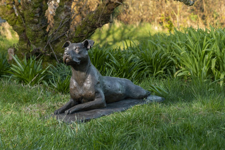 Lying Staffie Dog Statue Large Bronze Resin Garden Sculpture