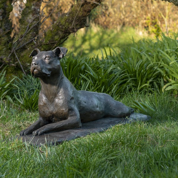 Lying Staffie Dog Statue Large Bronze Resin Garden Sculpture