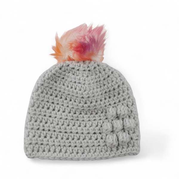Light grey baby crocheted hat white faux fur pompom with orange purple & pink 