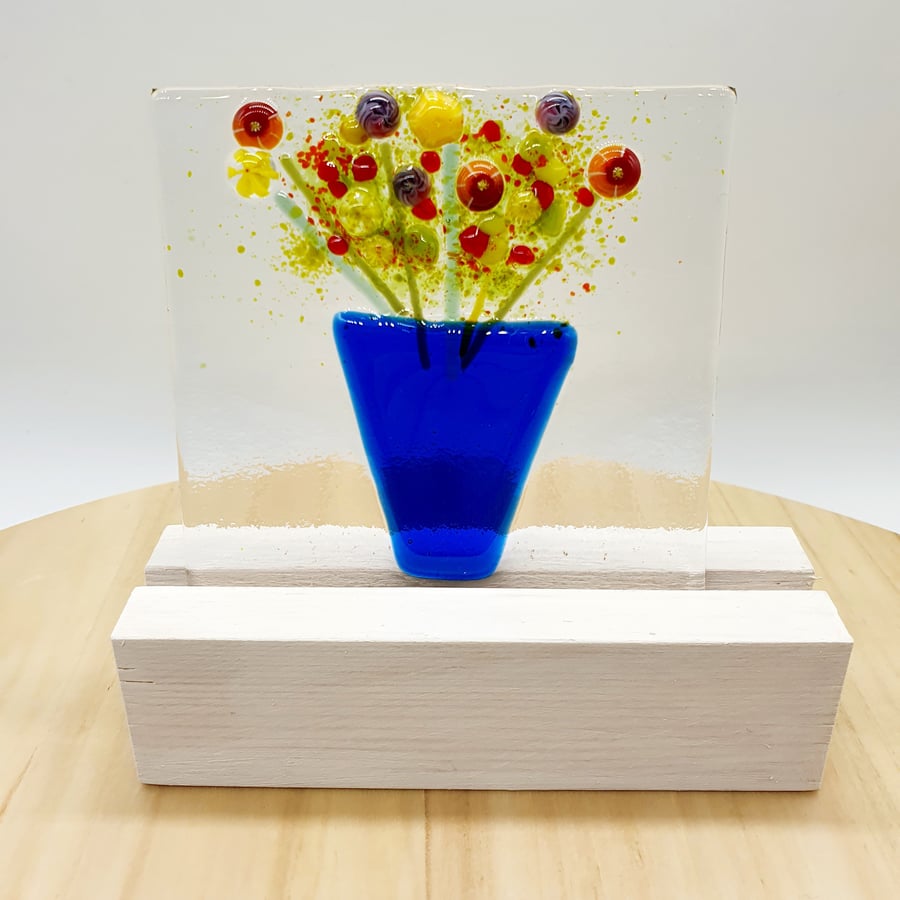 Fused Glass ' Everlasting Flowers in a Vase' on a Wooden Stand