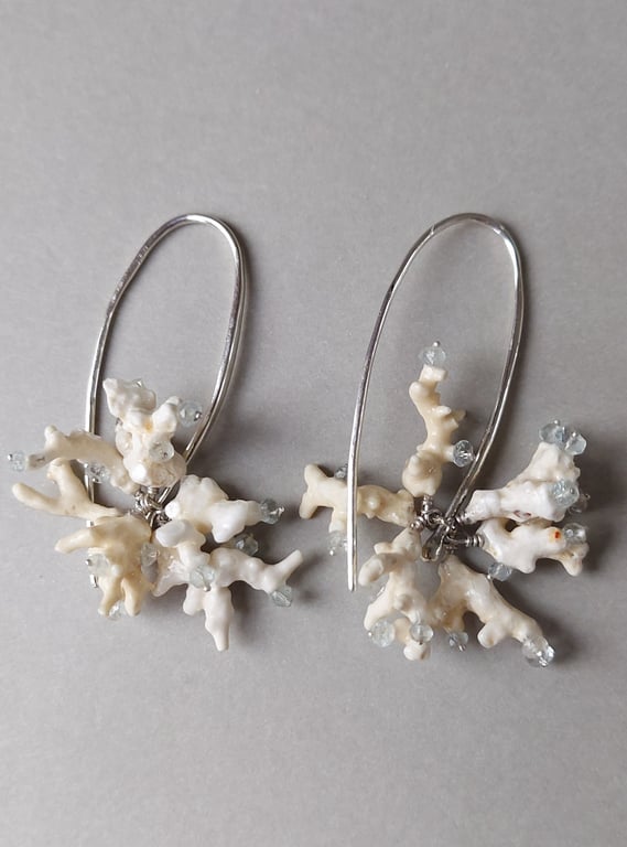 Natural corals earrings with Aquamarines. Contemporary jewellery. 925 Silver
