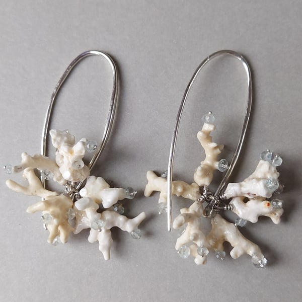 Natural corals earrings with Aquamarines. Contemporary jewellery. 925 Silver