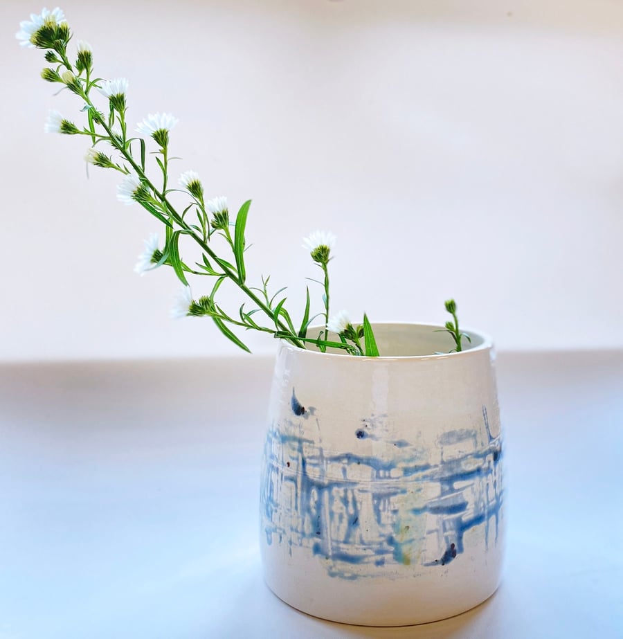 Ceramic pot. glazed by hand glazed, wheel thrown drippy watercolour glaze, plant