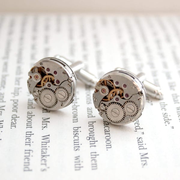 Watch Mechanism Round Cufflinks in Steampunk Style Steel Anniversary Gift