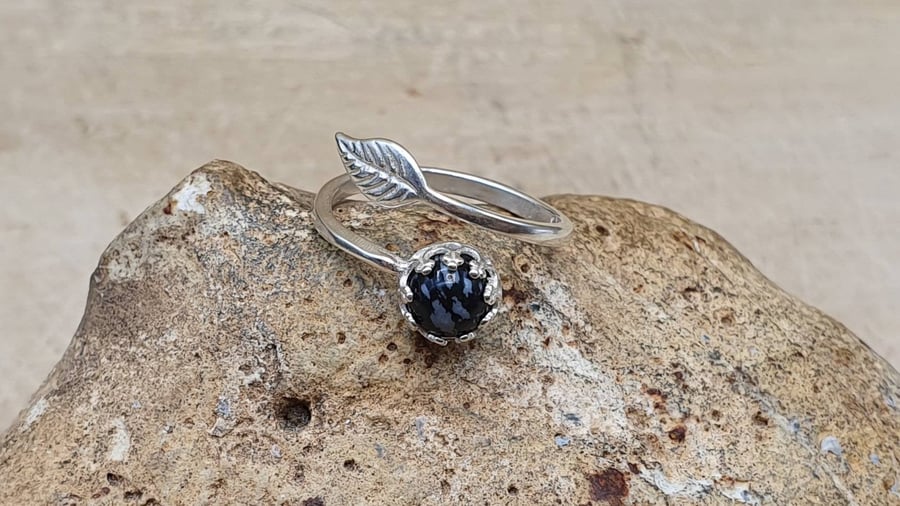 Snowflake Obsidian leaf ring. Adjustable 925 sterling silver rings for women