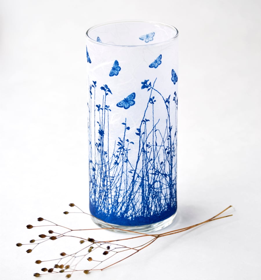 Blue Butterfly Meadow Large Blue and White Cylinder Vase