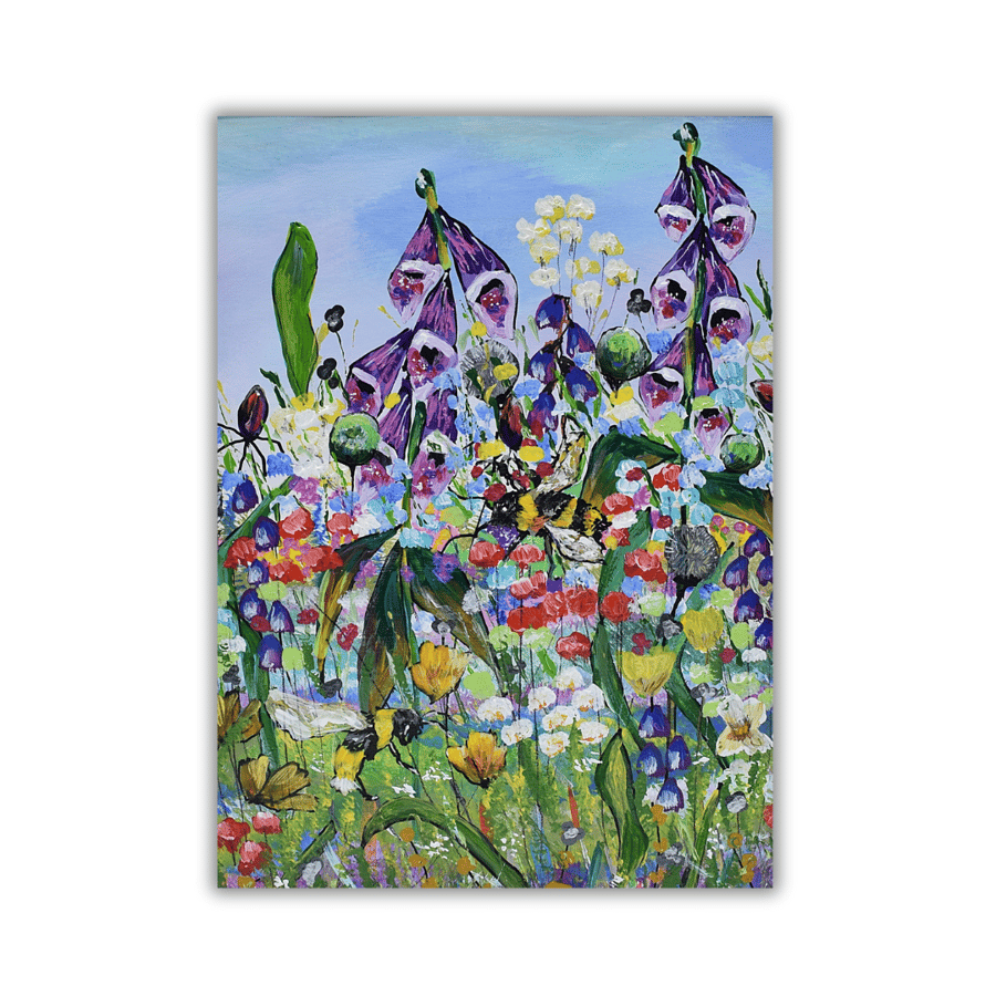 An original, mounted, acrylic painting - Scottish wildflowers and bees.