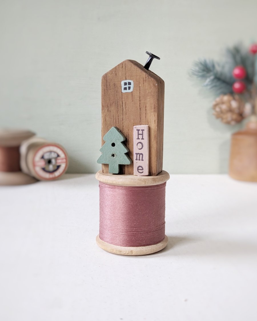 Tall Wooden House on a Vintage Bobbin 'Home' 