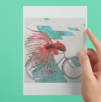 'Fish needs a bicycle' card printed from handmade collage 