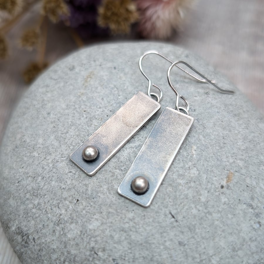 Sterling Silver Oxidised Rectangle Drop Earrings with Small Pebble - JBJ1023