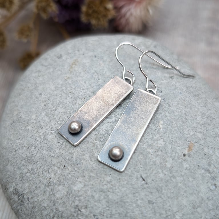 Sterling Silver Oxidised Rectangle Drop Earrings with Small Pebble - JBJ1023
