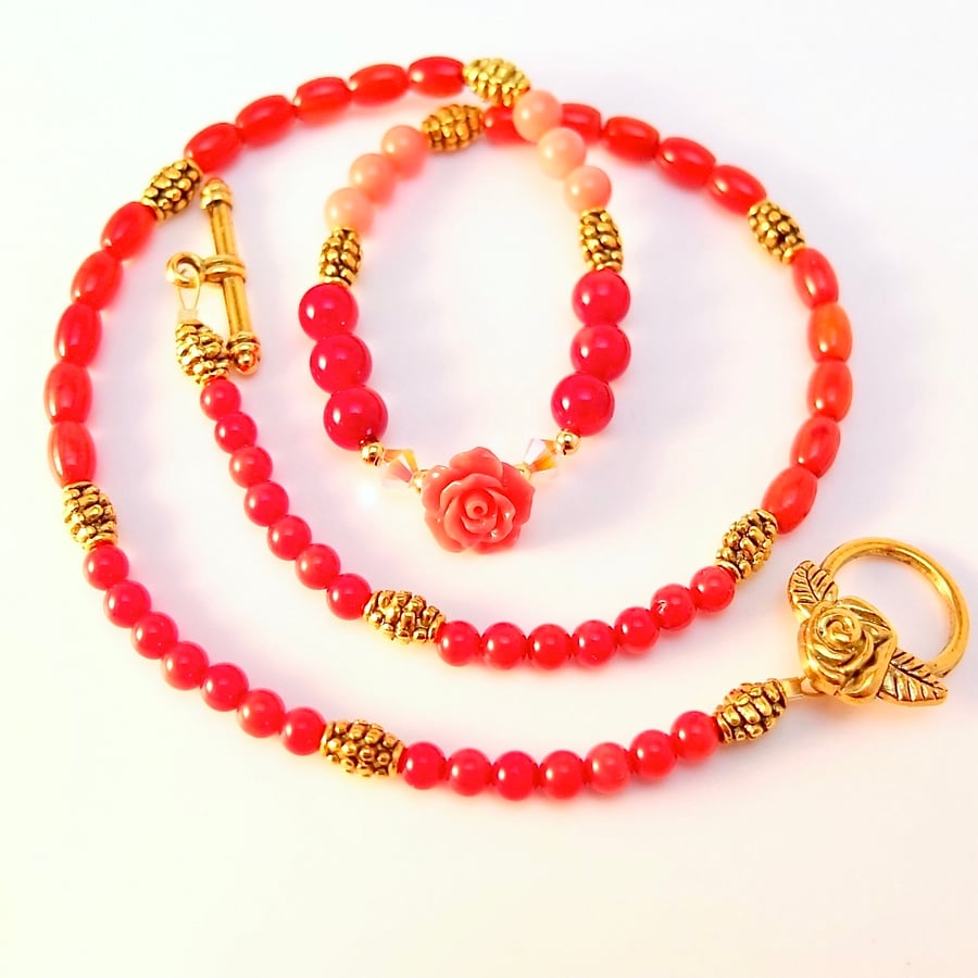 Red Bamboo Coral Necklace With Carved Coral Flower - Free UK Delivery.