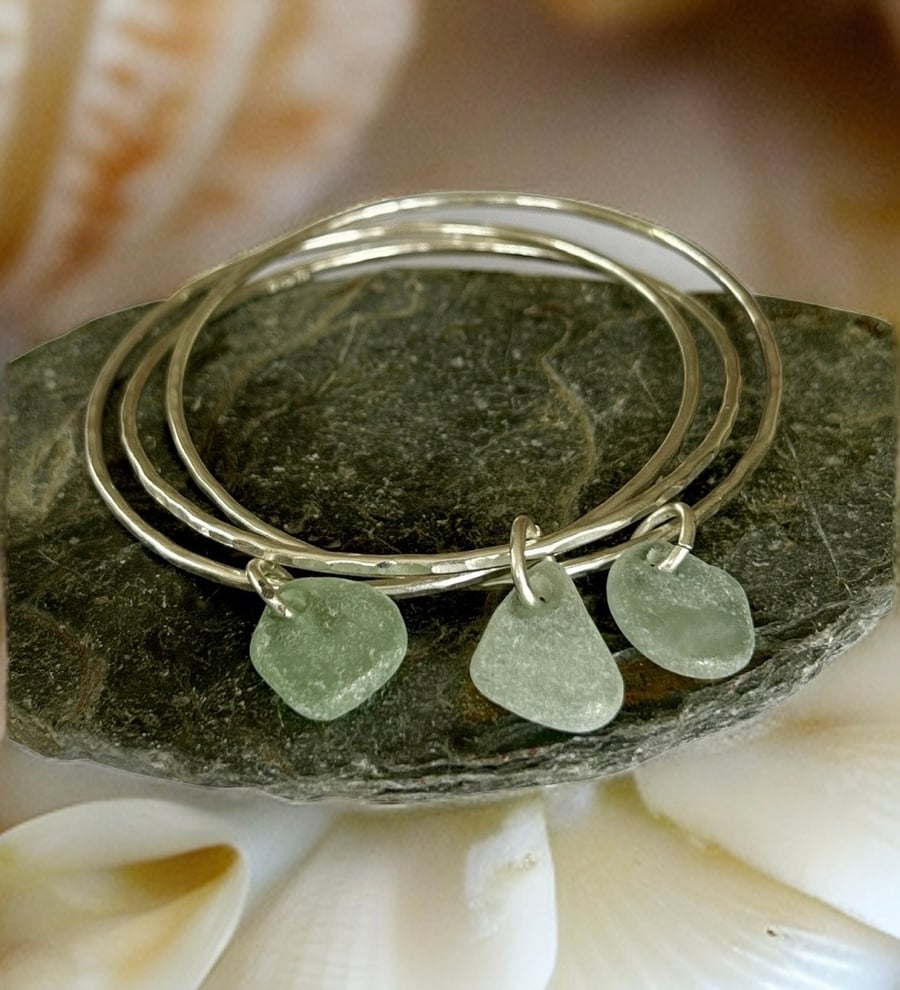 Silver Interlinked Sea Glass Bangles