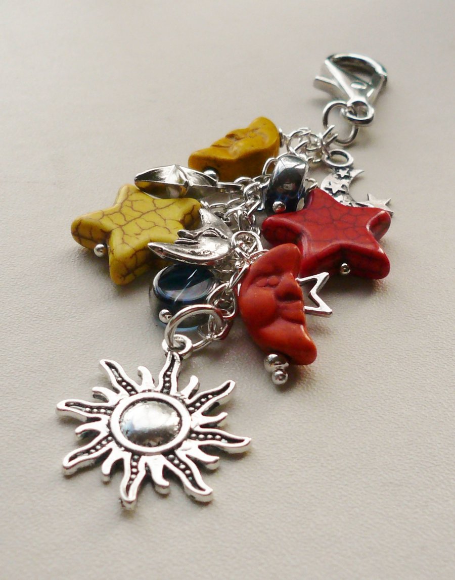 Bag Charm Yellow Orange Howlite Blue Glass Moon Star Celestial Themed  KCJ1606