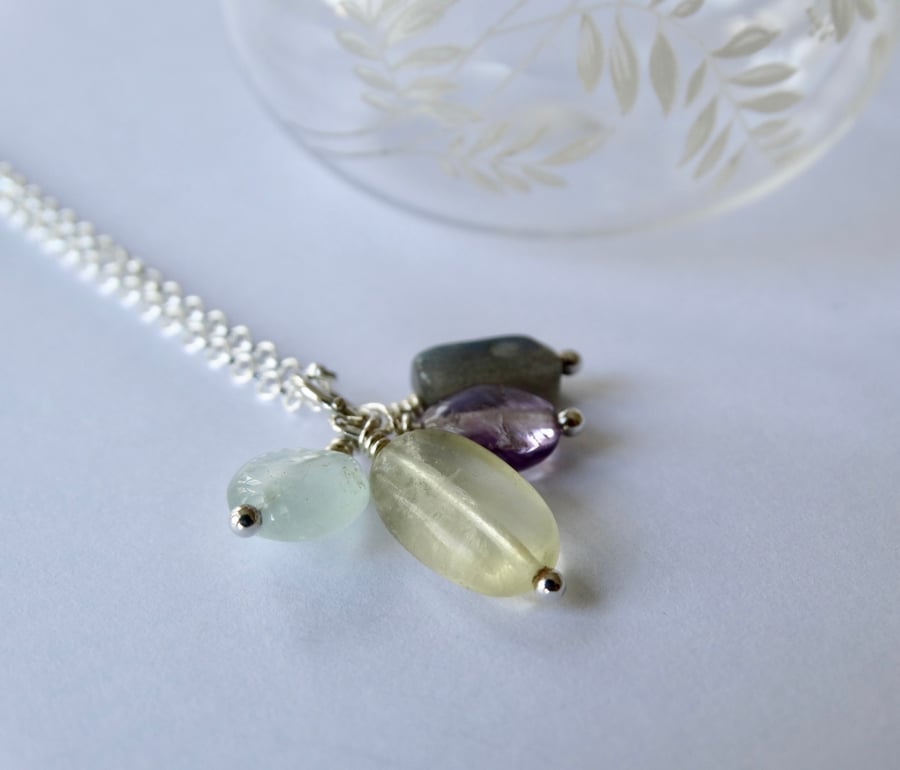 Semi precious gemstone charm cluster pendant in heather tones