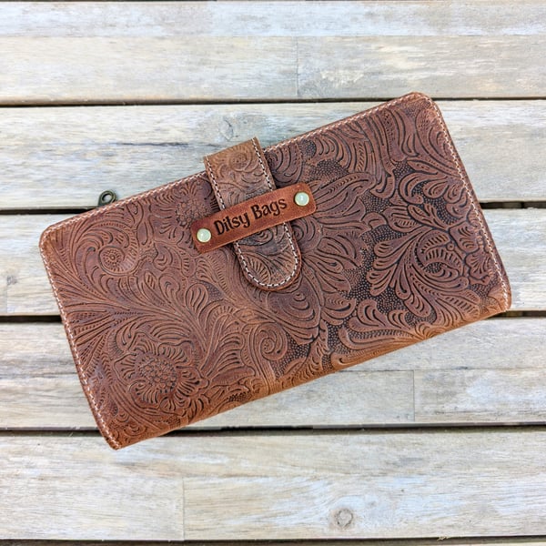 Western style leather wallet, genuine embossed leather wallet, phone wallet