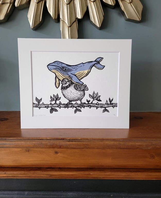 Linocut Whale and Bird Art lino print - Handmade Original art