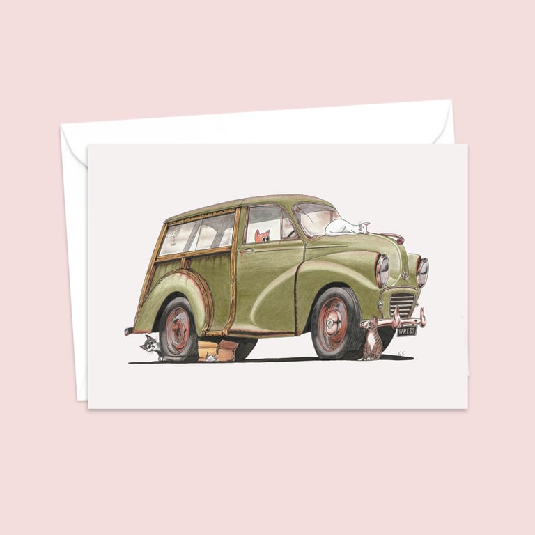 Moggies Greetings Card: Classic Morris Traveller and Cute Cats (324)