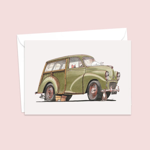 Moggies Greetings Card: Classic Morris Traveller and Cute Cats (324)