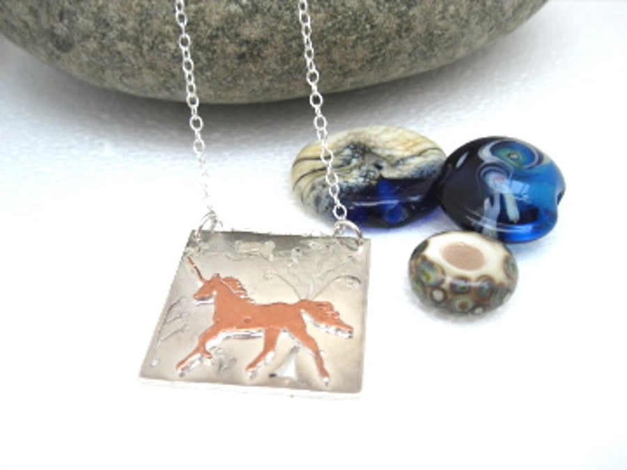 Copper Unicorn on Square Sterling Silver Necklace, Myth, Folk, Horse, Metalsmith