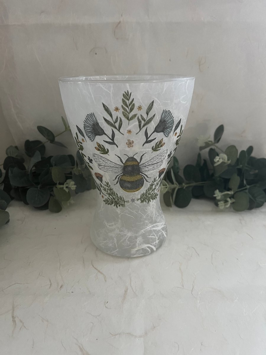 Decoupage Large Glass Vase: Bee, Floral Home Decor, Upcycled