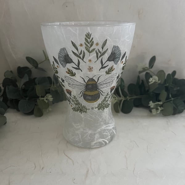 Decoupage Large Glass Vase: Bee, Floral Home Decor, Upcycled