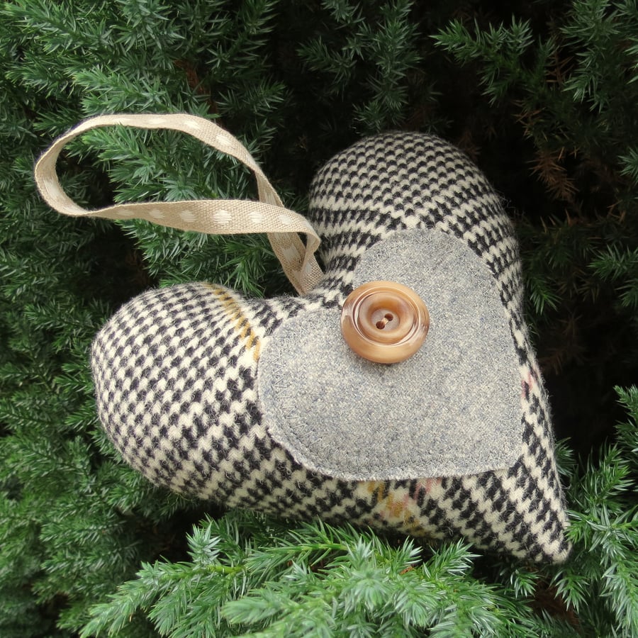 A tweed hanging heart.  Door Hanger.