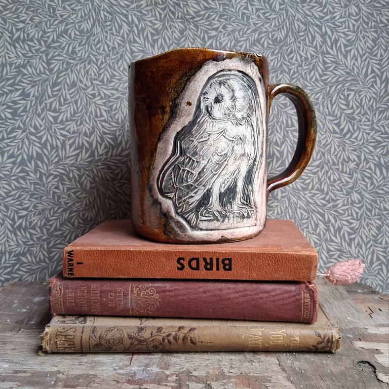 Xl Owl mug Ceramic handmade coffee mug in caramel