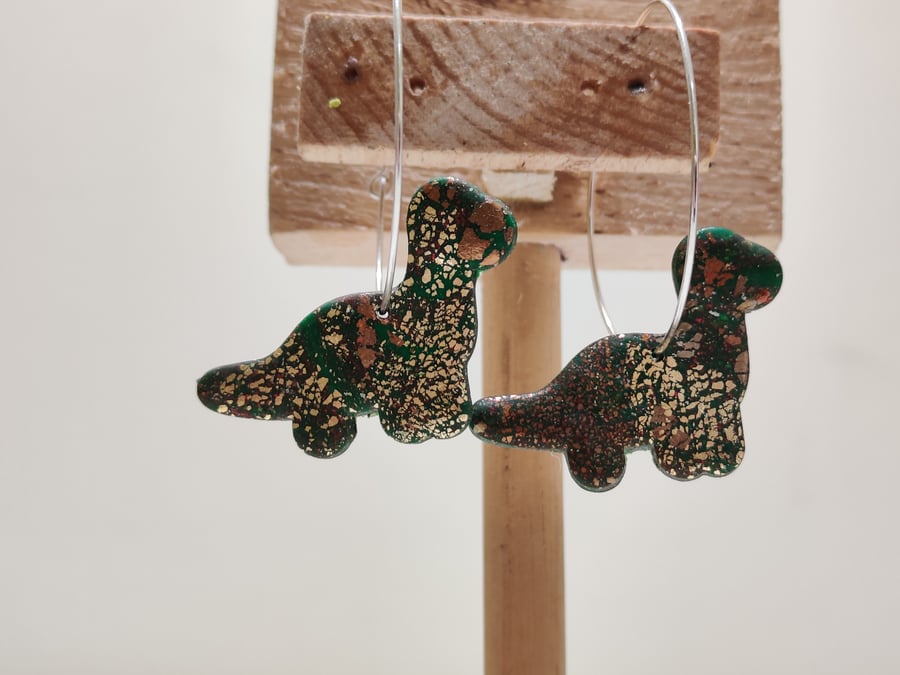 Green gold flake dino hoop earrings 