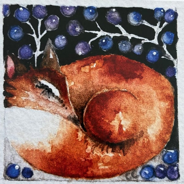 Whimsical Resting Fox under the Berry Bush Watercolour Print Artwork