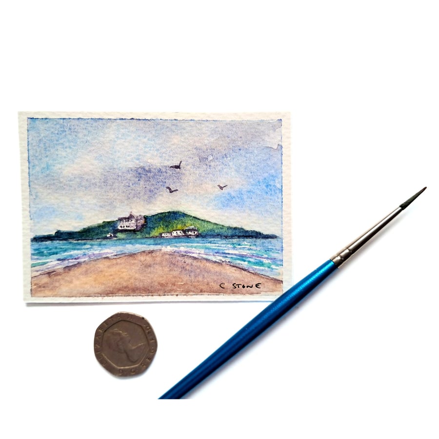 Original ACEO Miniature Watercolour Landscape  Painting of Burgh Island, Devon