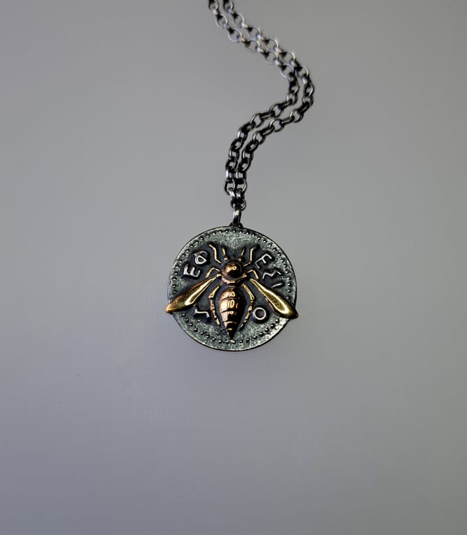 SIlver Ephesus Bee Coin inspired pendant and chain, with Gold Vermeil details.