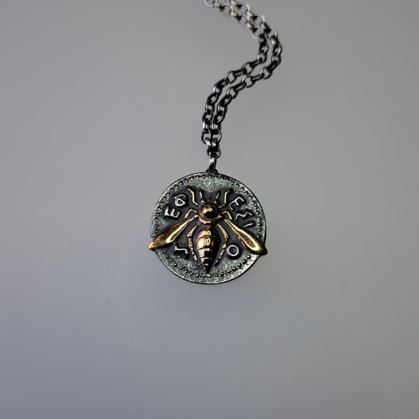 SIlver Ephesus Bee Coin inspired pendant and chain, with Gold Vermeil details.