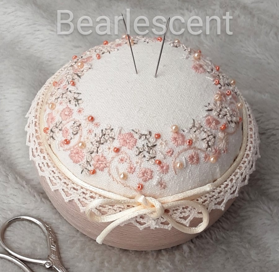 Peaches and Cream Pincushion, Hand Embroidered and Beaded Cupcake Pin Cushion