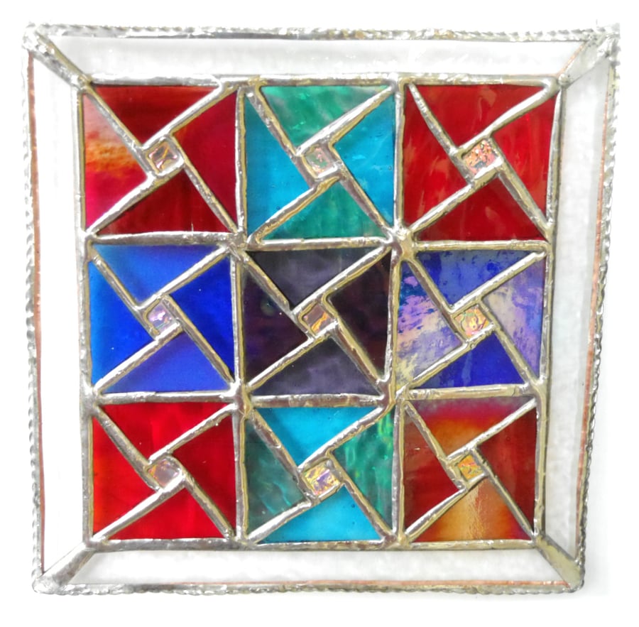 Jewel Patchwork Squares Stained Glass Suncatcher Dichroic Decoration