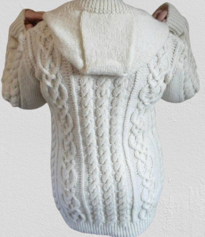 Made To Order Hand Knitted, Aran Shetland Wool, Longer Length Hooded Jacket,