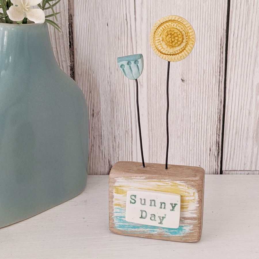 Clay Sunshine Garden in a Painted Wood Block 'Sunny Day'