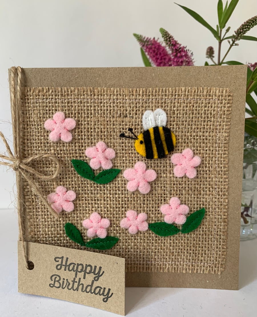 Handmade Birthday Card. Pale pink flowers with a bee from felt. Keepsake card.