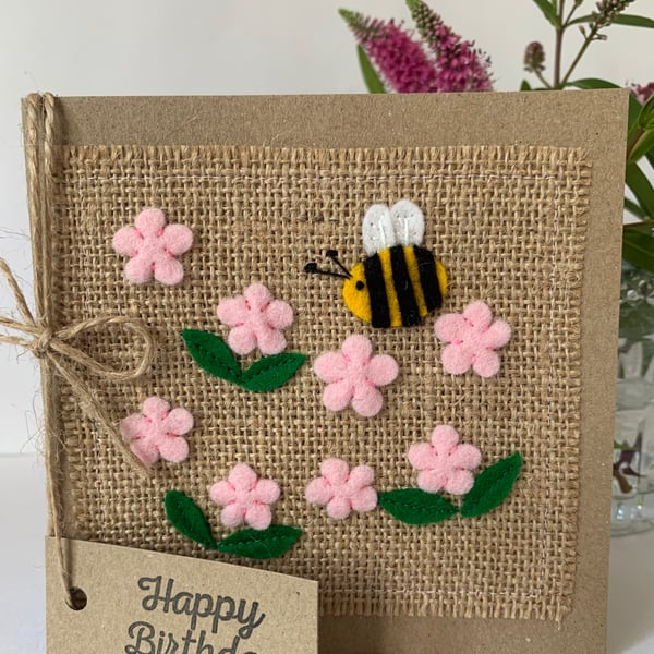 Handmade Birthday Card. Pale pink flowers with a bee from felt. Keepsake card.