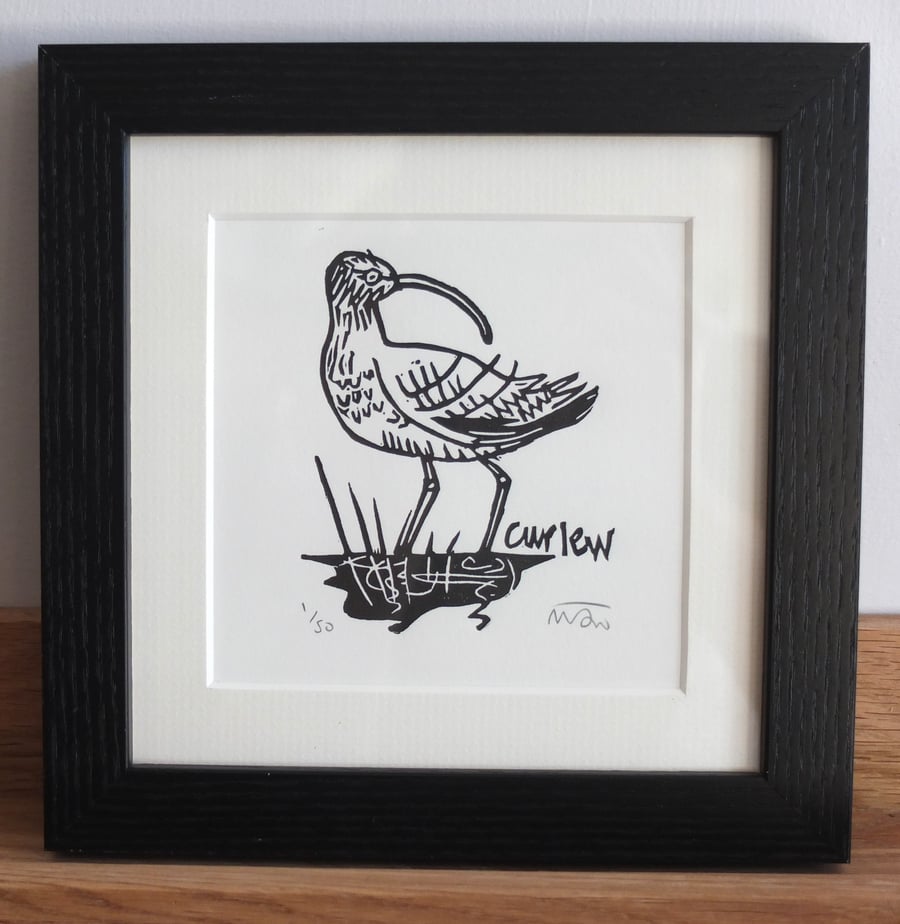 Curlew - bird lino print