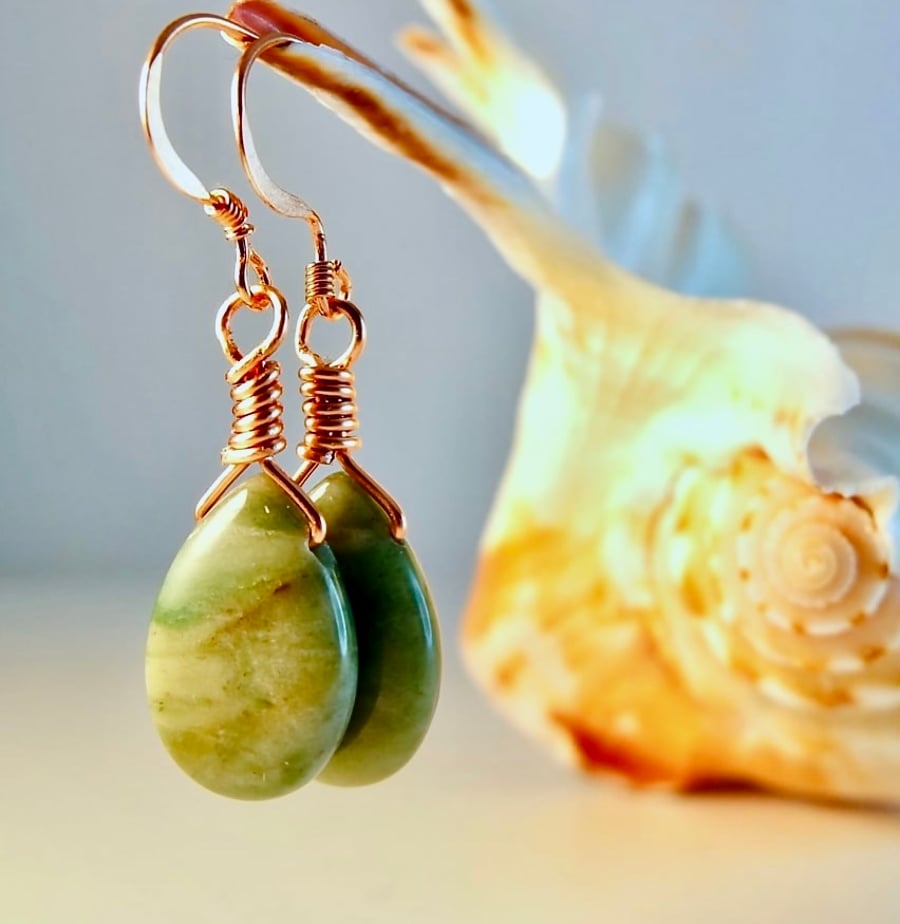 Tree Agate Teardrop And Copper Earrings - Handmade In Devon