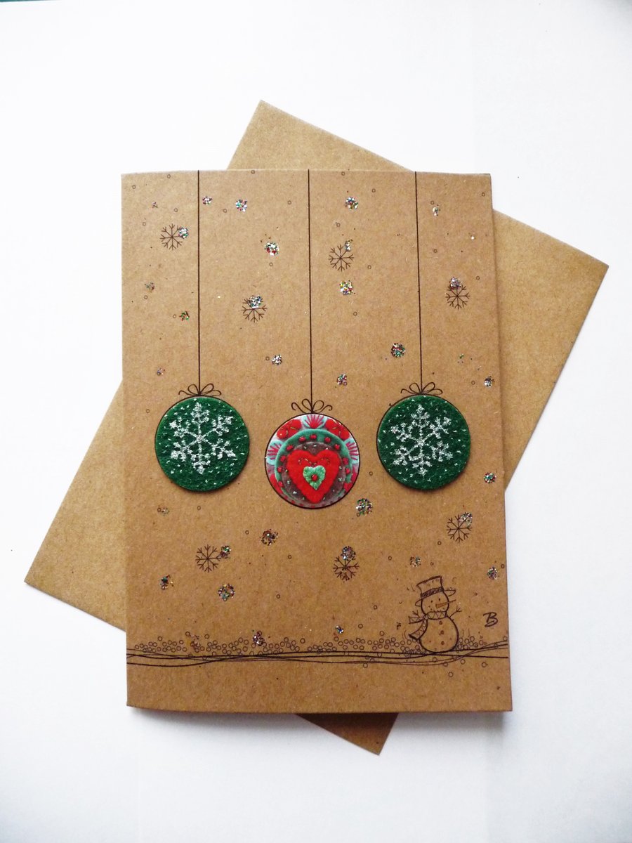 Christmas card with baubles featured with my handmade felt brooch design print