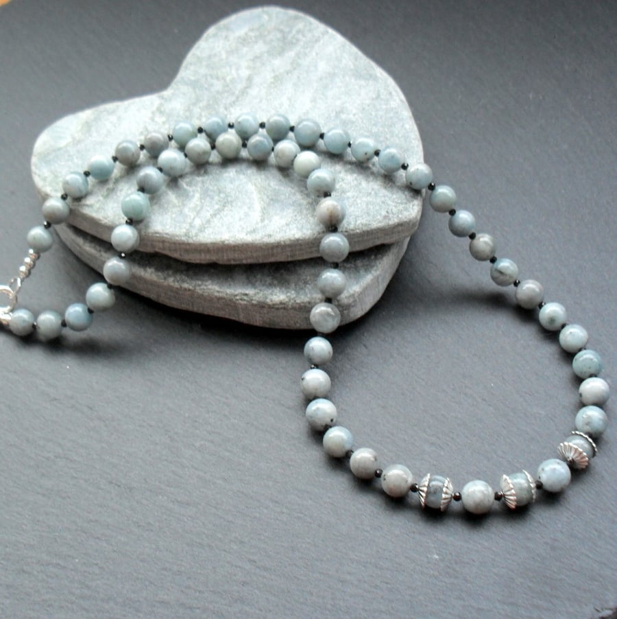 Sterling Silver Natural Aquamarine and Black Spinel Gemstone Necklace